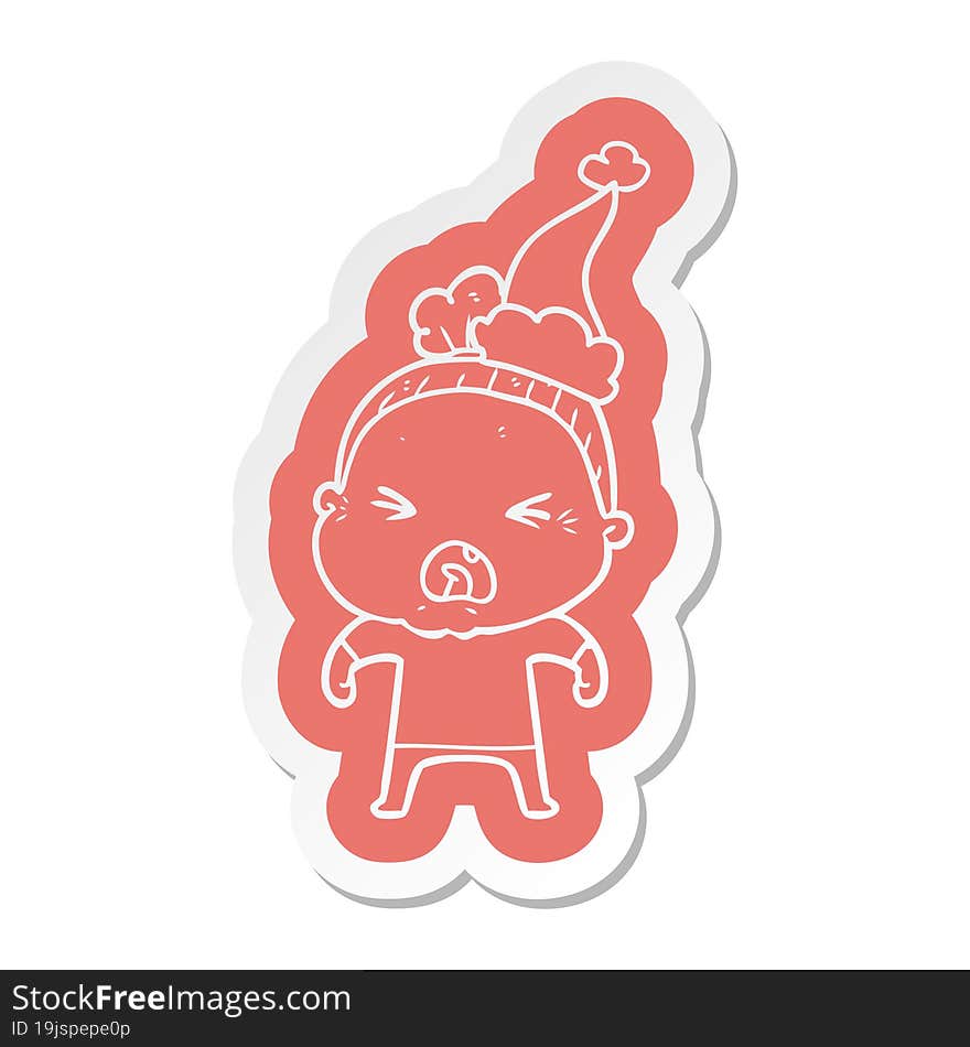 cartoon  sticker of a angry old woman wearing santa hat