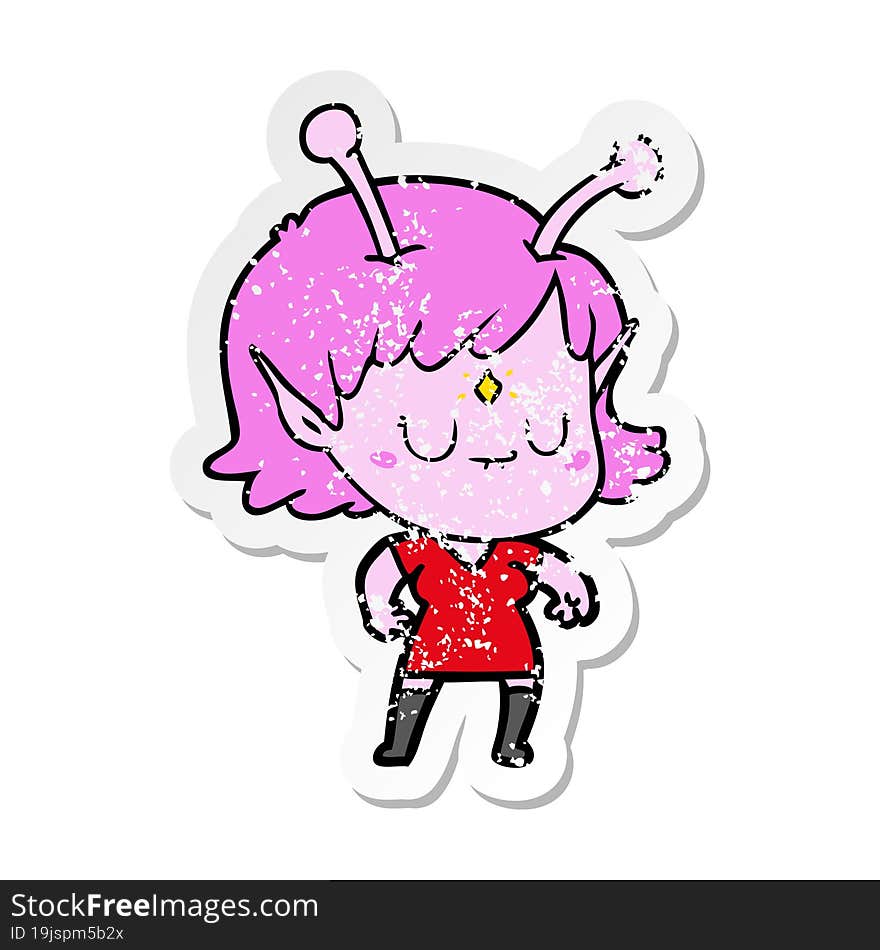 distressed sticker of a cartoon alien girl