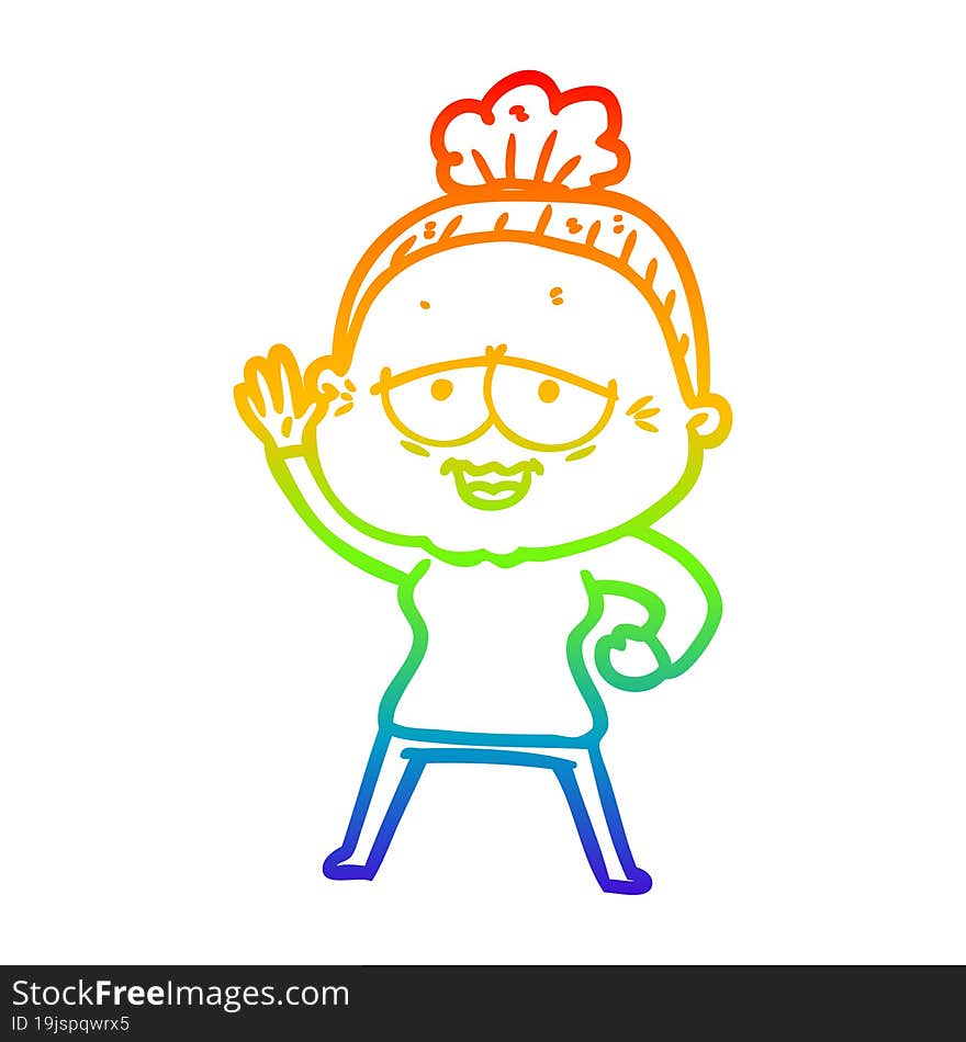 rainbow gradient line drawing of a cartoon happy old lady