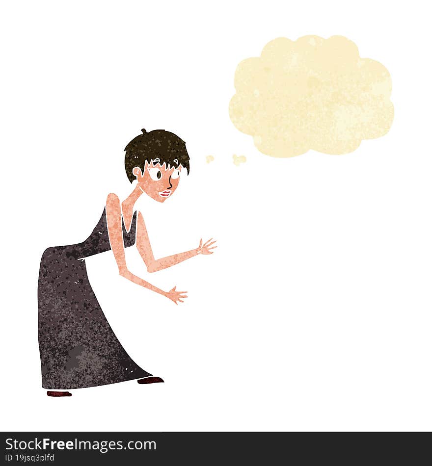 cartoon woman in dress gesturing with thought bubble