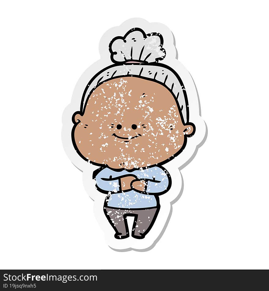 distressed sticker of a cartoon happy old woman