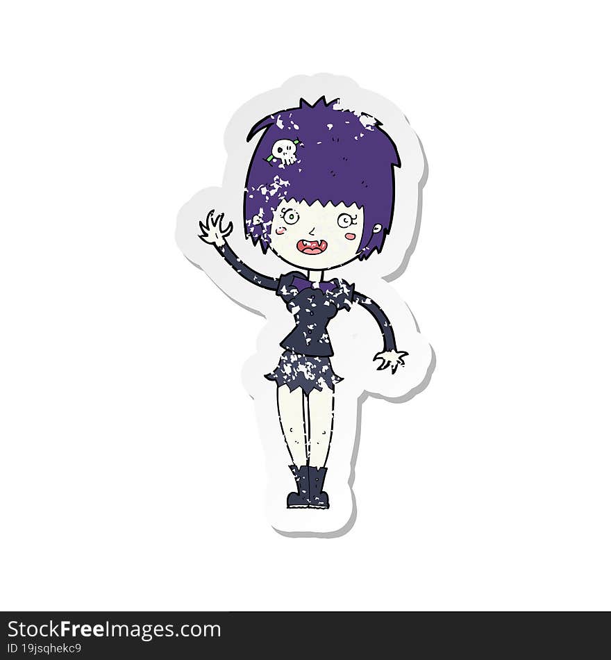 retro distressed sticker of a cartoon waving vampire girl