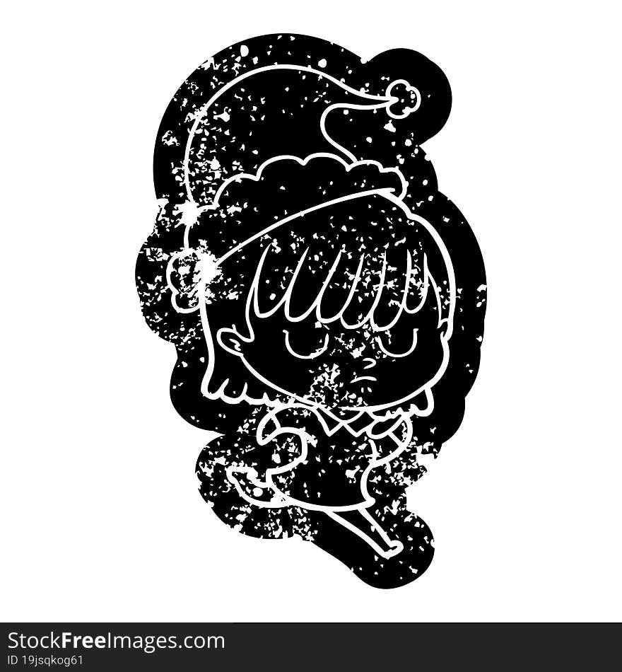 quirky cartoon distressed icon of a woman wearing santa hat