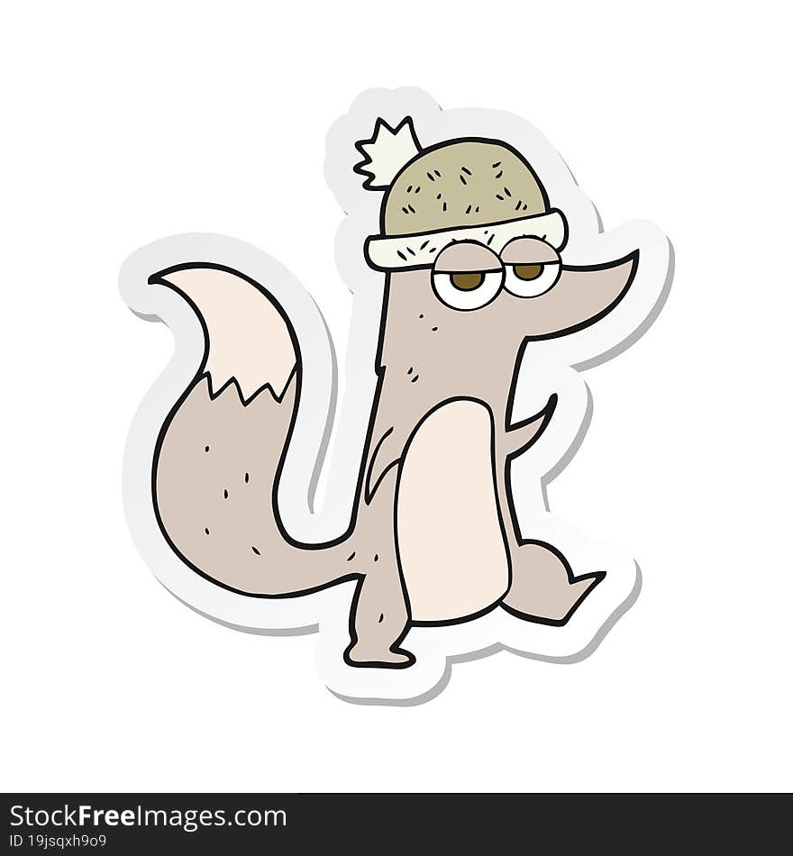 sticker of a cartoon little wolf wearing hat