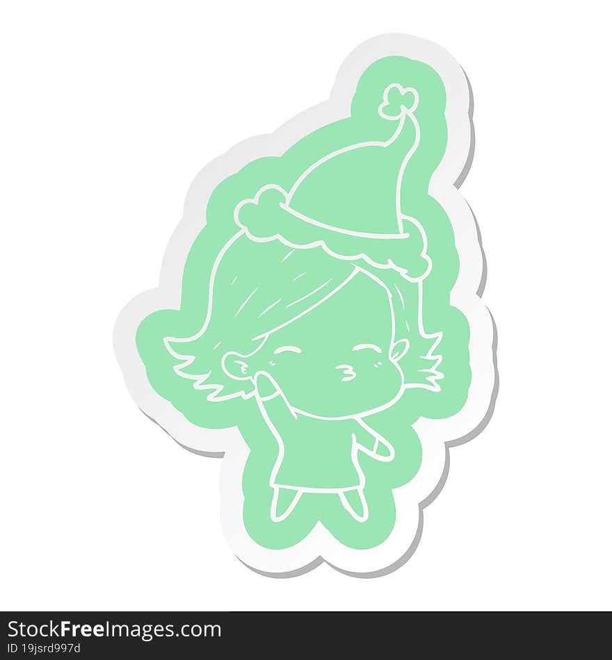 quirky cartoon  sticker of a woman wearing santa hat