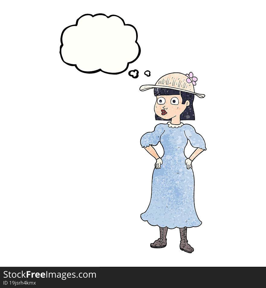 thought bubble textured cartoon woman in sensible dress