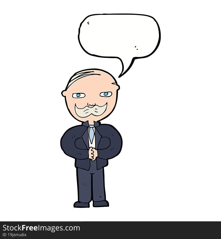 cartoon old man with mustache with speech bubble