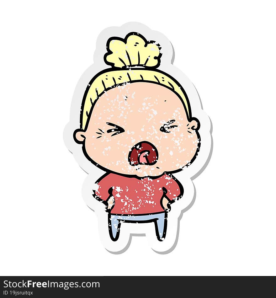 Distressed Sticker Of A Cartoon Angry Old Woman