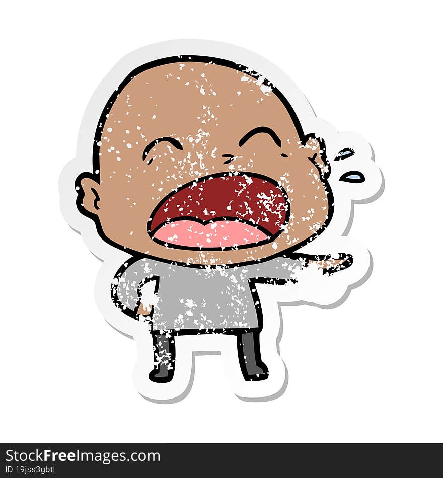 distressed sticker of a cartoon shouting bald man