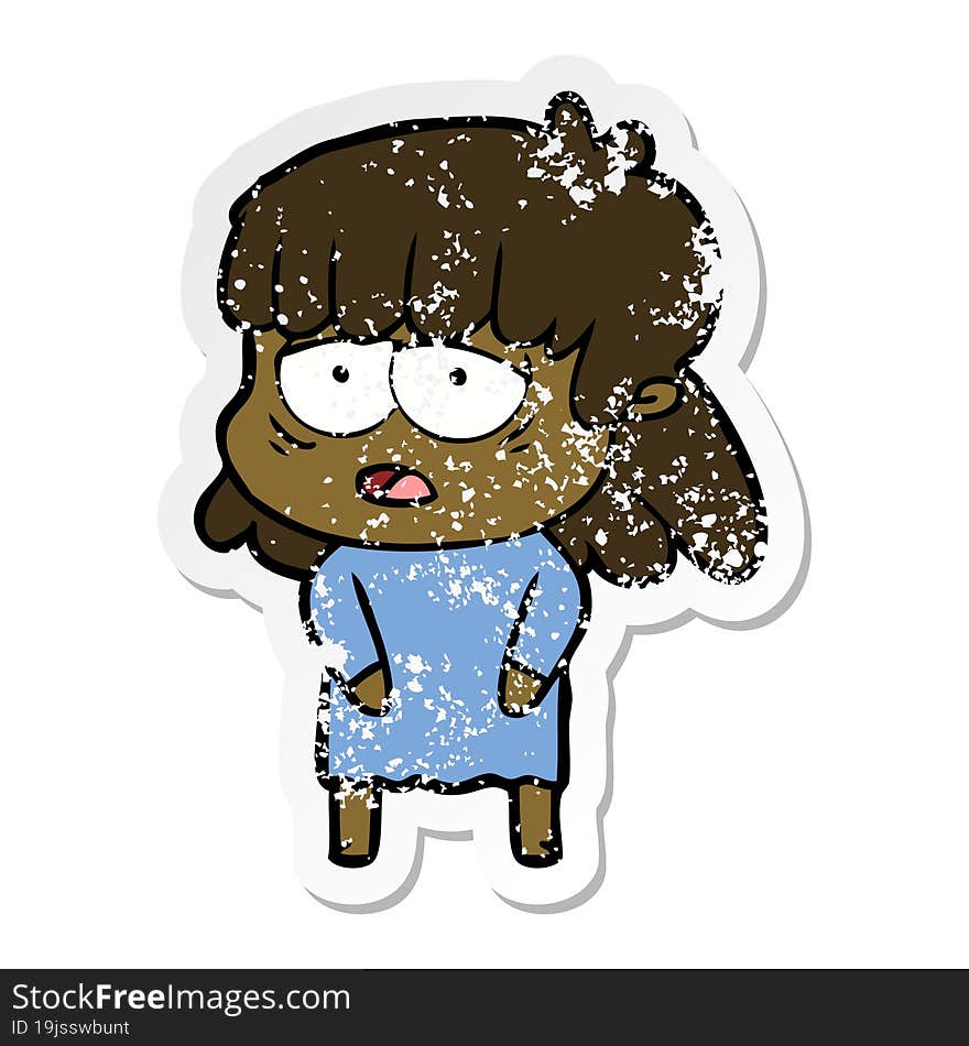 distressed sticker of a cartoon tired woman