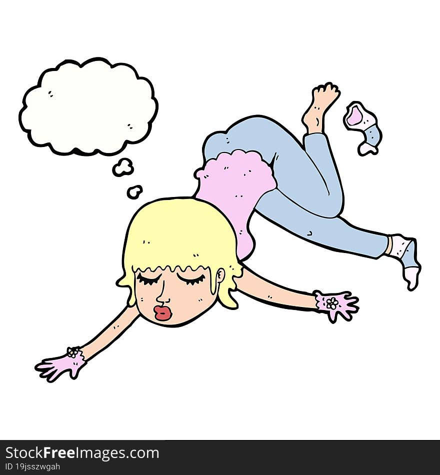 cartoon woman floating with thought bubble