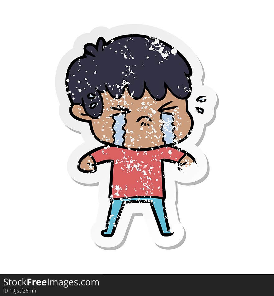 distressed sticker of a cartoon boy crying