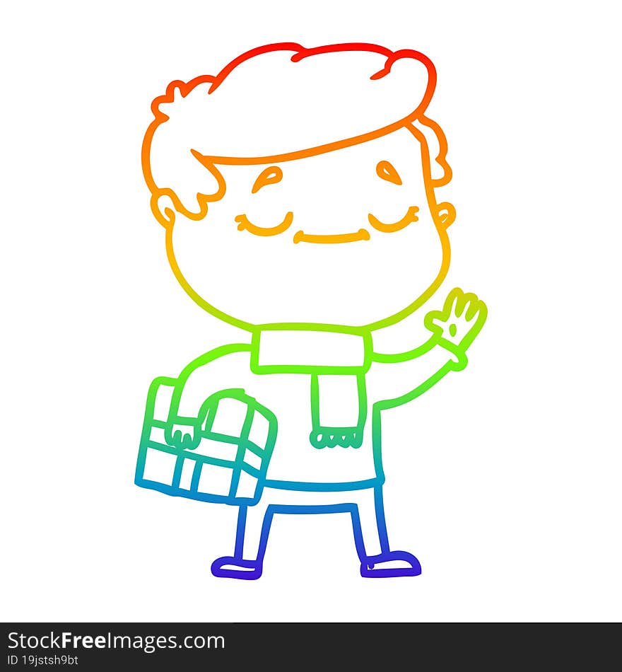 rainbow gradient line drawing of a cartoon man carrying christmas present waving