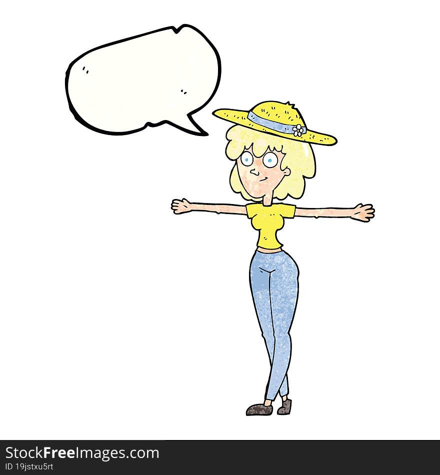 speech bubble textured cartoon woman spreading arms