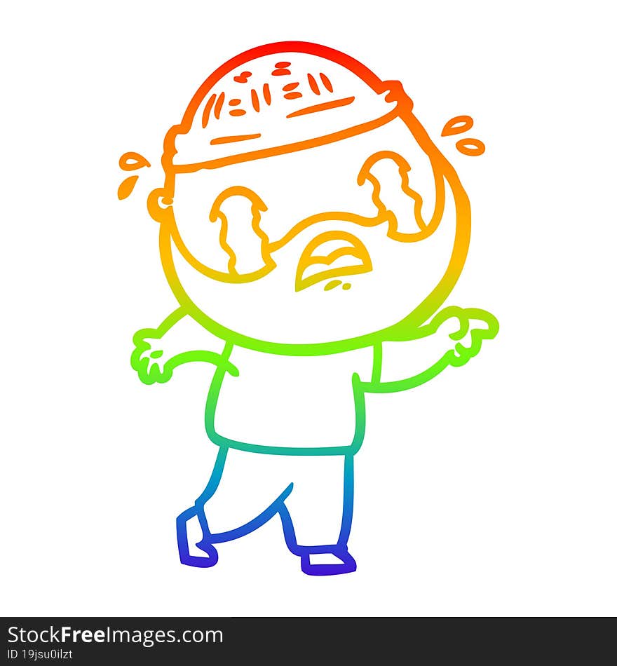 rainbow gradient line drawing cartoon bearded man crying