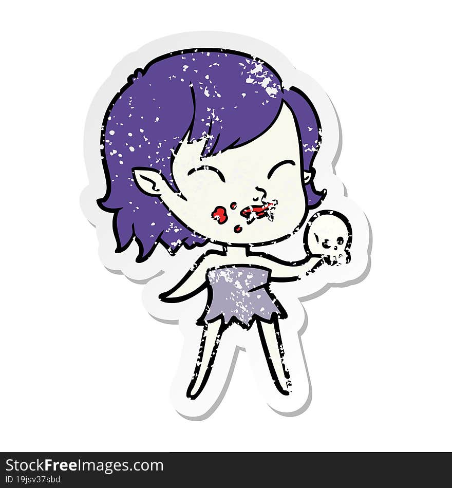 distressed sticker of a cartoon vampire girl with blood on cheek