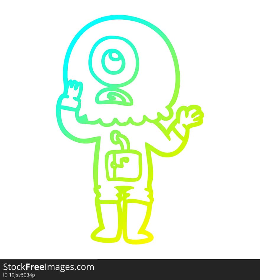 cold gradient line drawing of a worried cartoon cyclops alien spaceman