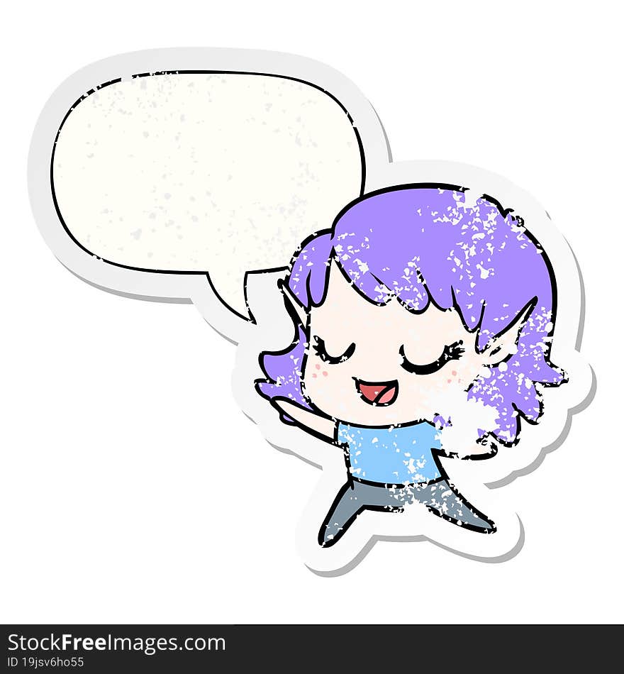 carton happy elf girl dancing with speech bubble distressed distressed old sticker. carton happy elf girl dancing with speech bubble distressed distressed old sticker