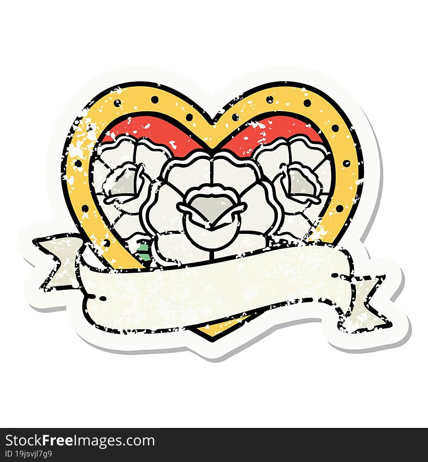 distressed sticker tattoo in traditional style of a heart and banner with flowers. distressed sticker tattoo in traditional style of a heart and banner with flowers