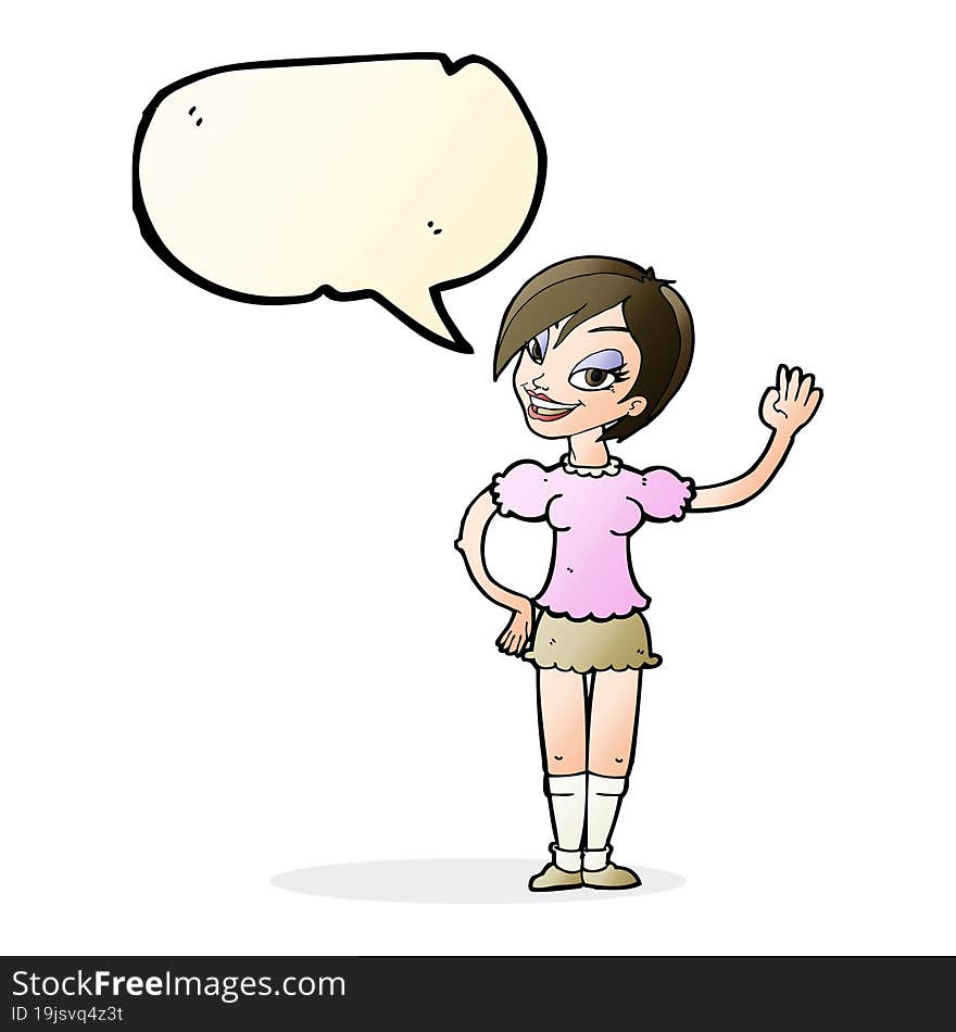 Cartoon Waving Woman With Speech Bubble