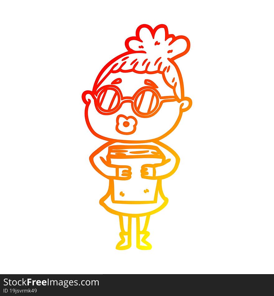 warm gradient line drawing cartoon woman with book wearing spectacles