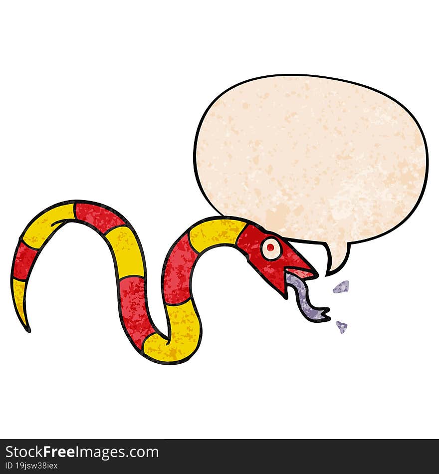 hissing cartoon snake and speech bubble in retro texture style