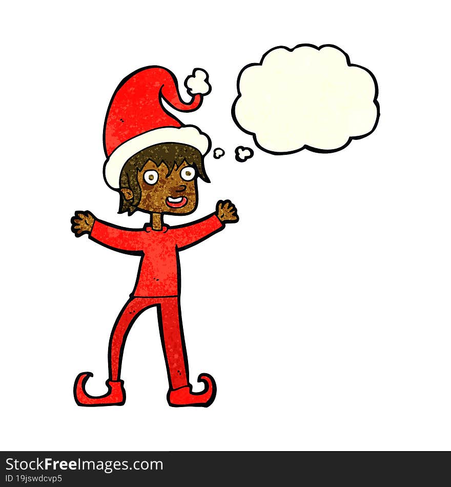 cartoon excited christmas elf with thought bubble