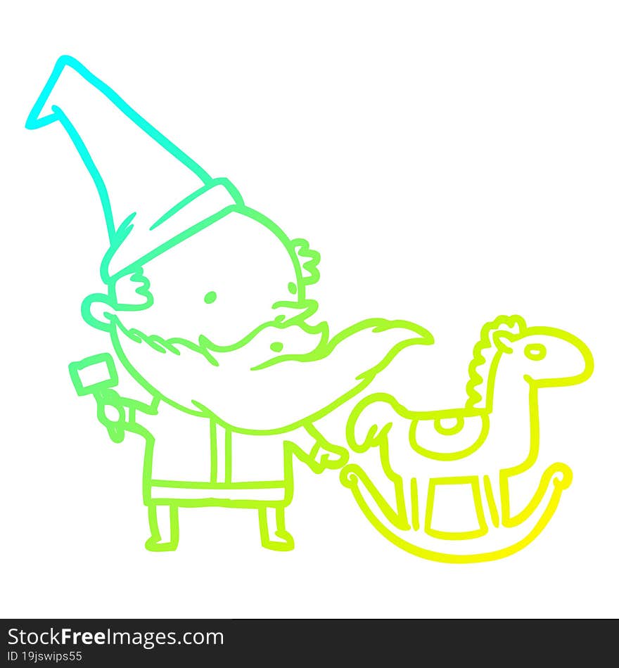 cold gradient line drawing of a santa (or elf) making a rocking horse