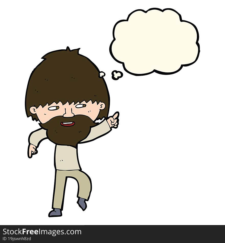 cartoon bearded man pointing and laughing with thought bubble