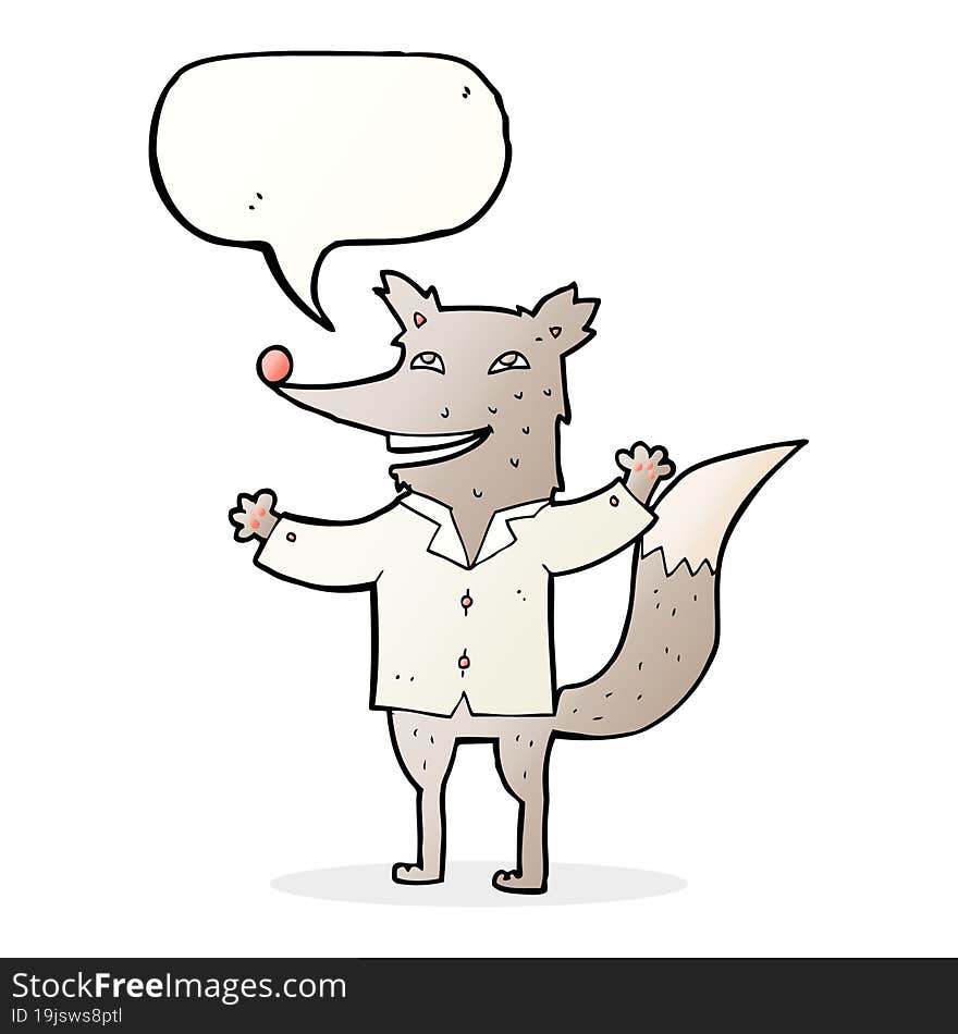 cartoon happy wolf wearing shirt with speech bubble