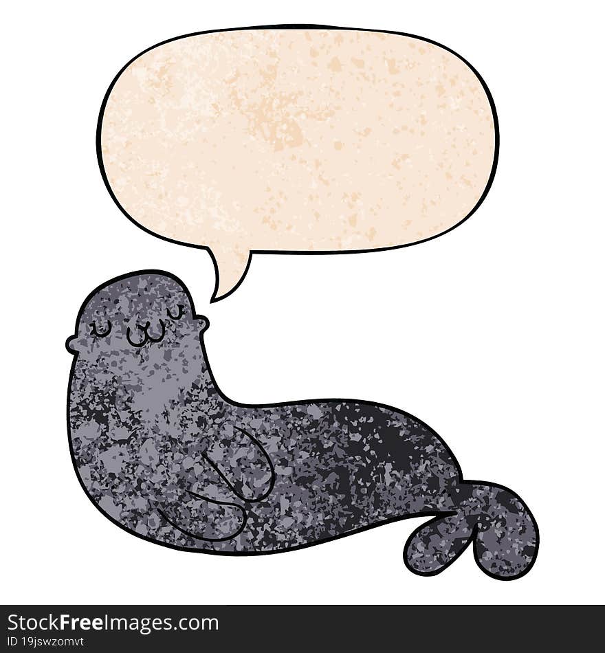 cute cartoon seal and speech bubble in retro texture style