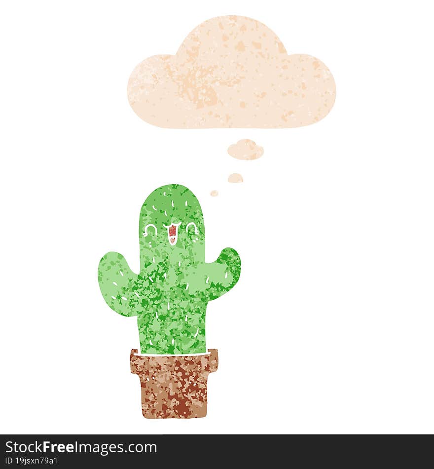 cartoon cactus and thought bubble in retro textured style