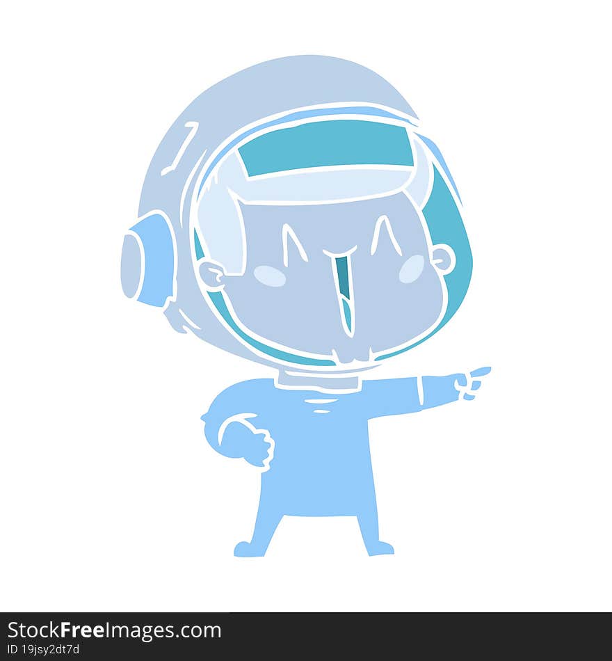 happy flat color style cartoon astronaut pointing