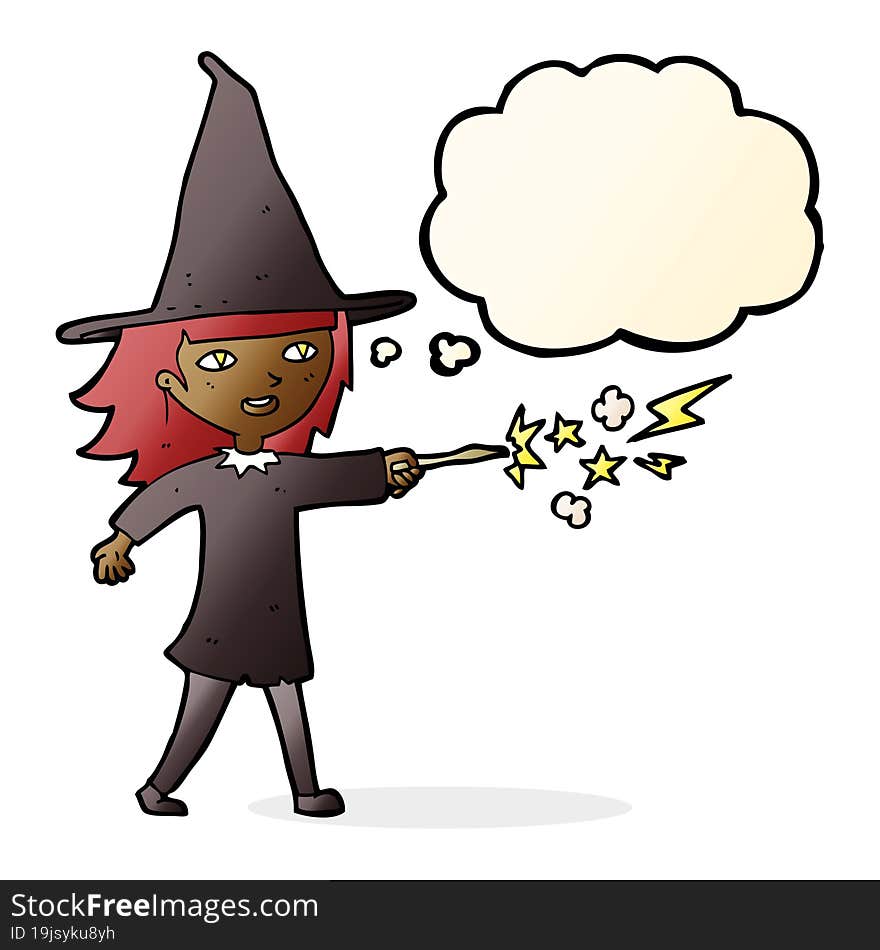 cartoon witch girl casting spell with thought bubble