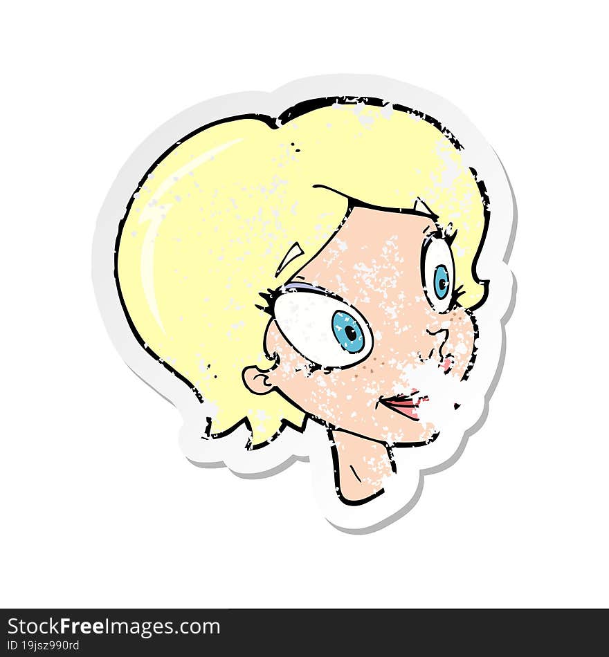 retro distressed sticker of a cartoon pretty female face