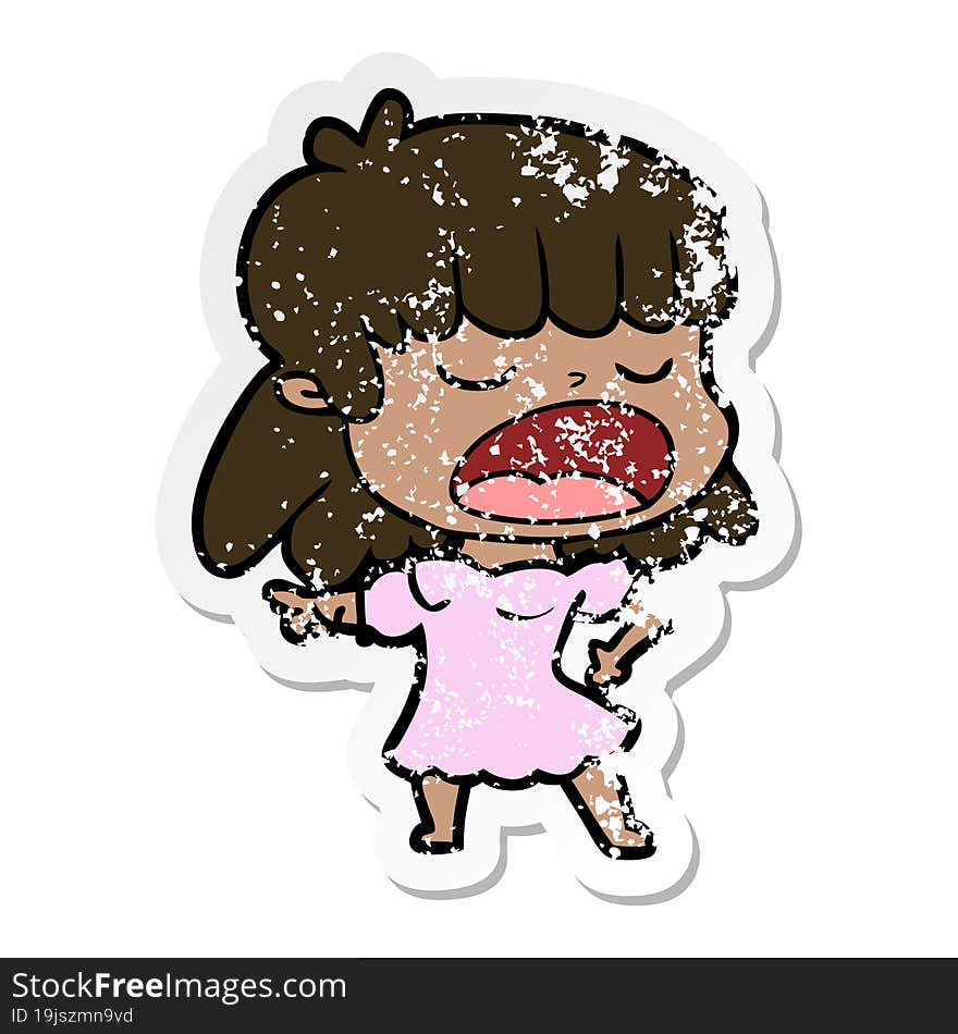 distressed sticker of a cartoon woman talking loudly