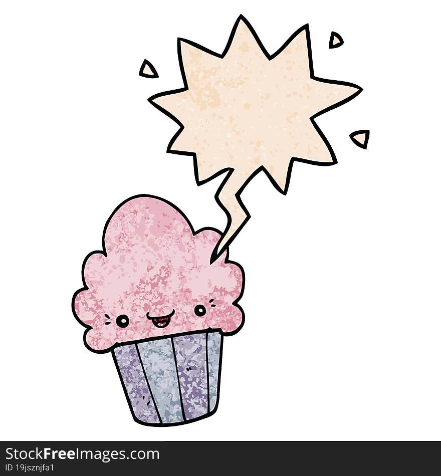 cartoon cupcake and face and speech bubble in retro texture style