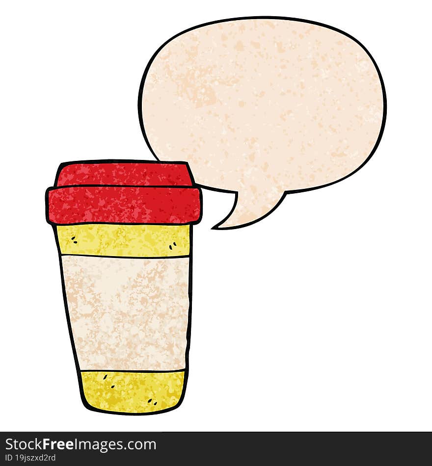 cartoon coffee cup with speech bubble in retro texture style