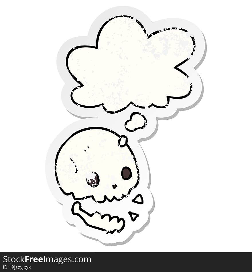 cartoon spooky skull and thought bubble as a distressed worn sticker