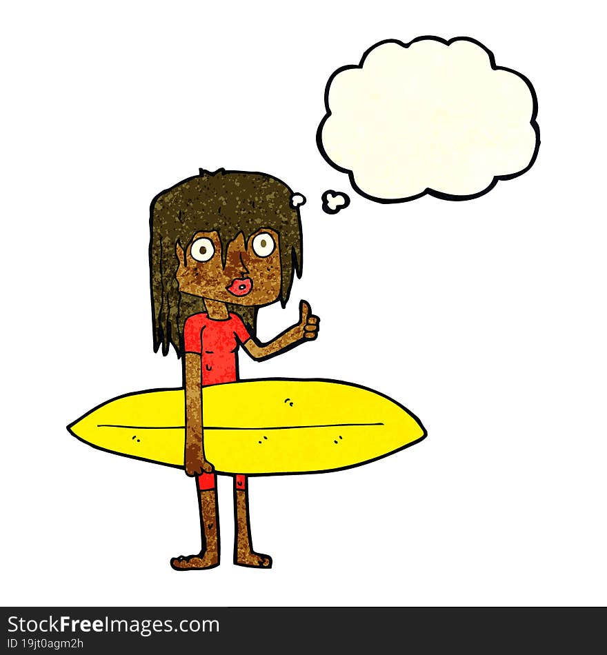 cartoon surfer girl with thought bubble