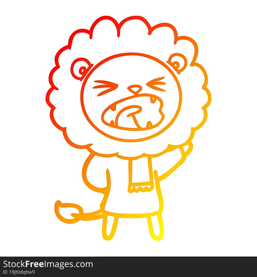 Warm Gradient Line Drawing Cartoon Lion In Winter Clothes