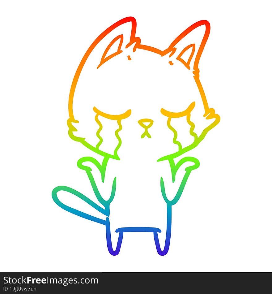 Rainbow Gradient Line Drawing Crying Cartoon Cat Shrugging