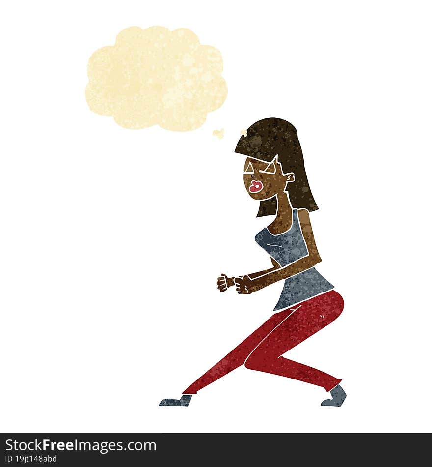 cartoon crazy dancing girl with thought bubble