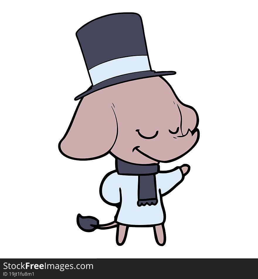 cartoon smiling elephant wearing top hat. cartoon smiling elephant wearing top hat