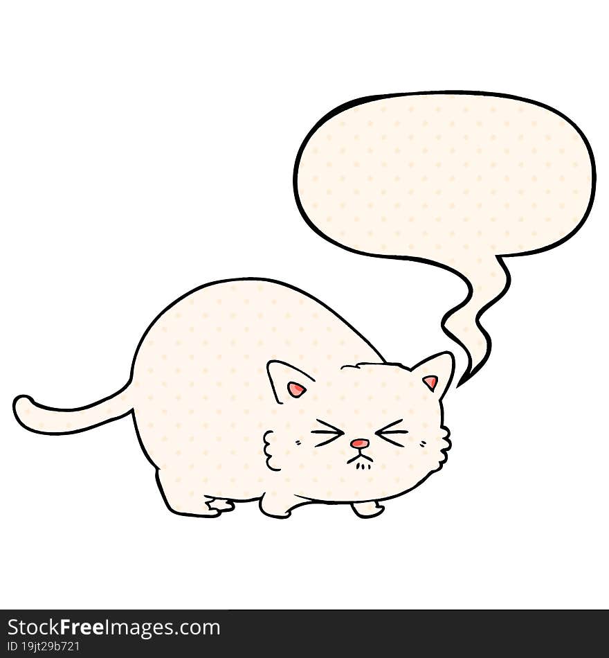 cartoon angry cat and speech bubble in comic book style