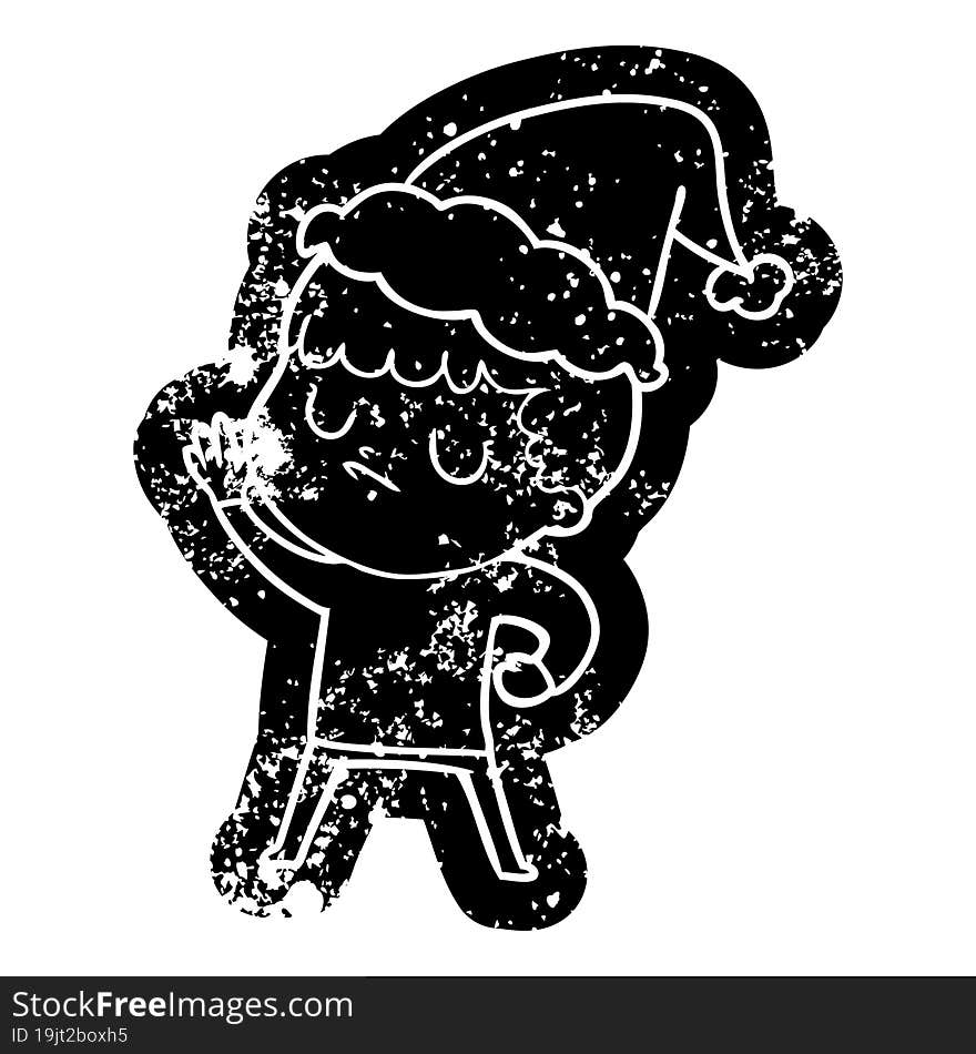 cartoon distressed icon of a grumpy boy wearing santa hat