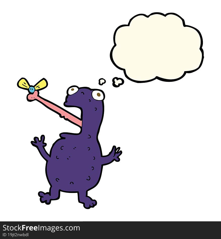 cartoon poisonous frog catching fly with thought bubble