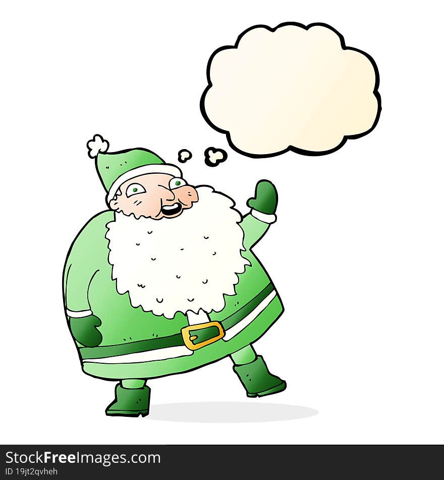 funny waving santa claus cartoon with thought bubble