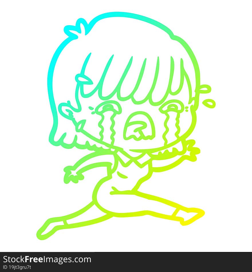 cold gradient line drawing of a cartoon girl crying