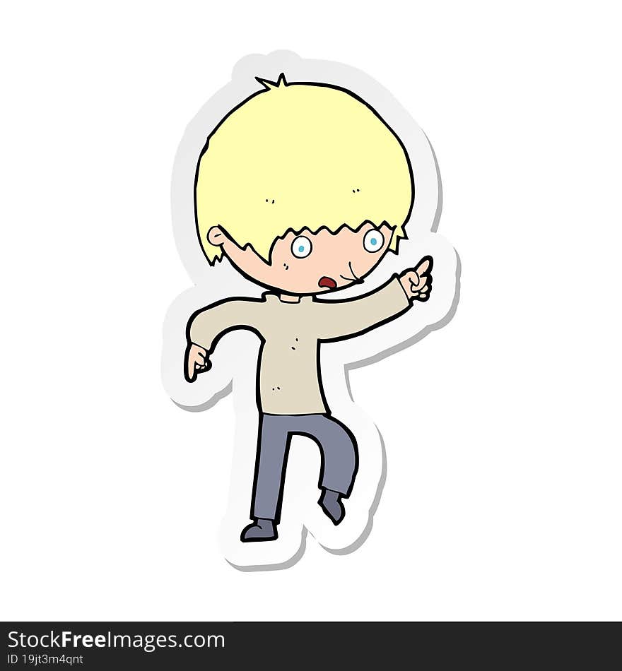 sticker of a cartoon worried boy pointing